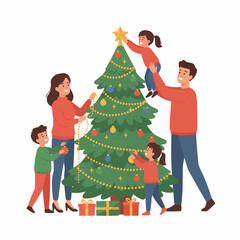 Happy family decorating christmas tree together festive holiday celebration illustration vector