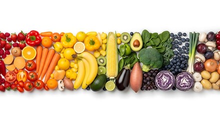 A vibrant rainbow of fresh fruits and vegetables arranged by color, showcasing a healthy and diverse diet
