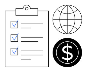 Clipboard checklist with checkmarks, globe symbolizing connectivity, and dollar sign for finance. Ideal for business, logistics, finance, planning, global trade, task management simple flat metaphor