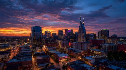 Fototapeta premium Cityscape at dusk with vibrant sunset sky illuminating urban architecture.