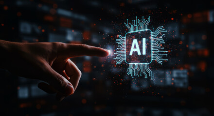 Explore the future with cutting edge AI technology, a digital hand touching the artificial intelligence chip