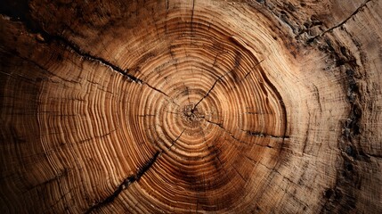 Fototapeta premium Close-up texture of a weathered tree trunk showing growth rings and cracks.