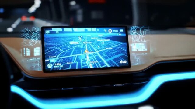 Car dashboard displaying a blue navigation map on a digital screen