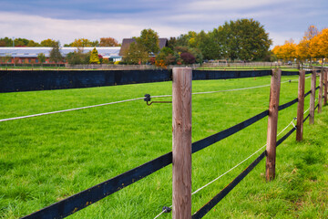 Serene Autumn Pasture Fence in Lush Green Field with Wooden Posts and Electric Wires Overlooking Distant Farm Buildings and Colorful Fall Trees © 015EARTH