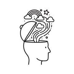 Creative thinking and positive mindset icon. Abstract line art vector of a human head with imagination symbols like a rainbow and star, representing mental health, innovation, and mindfulness.
