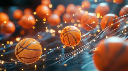 Orange basketball sphere in the basket during a competitive game