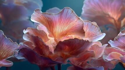 Ethereal pink mushroom caps glow with internal light against a dark background.