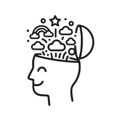 Creative thinking and positive mindset icon. Abstract line art vector of a human head with imagination symbols like a rainbow and star, representing mental health, innovation, and mindfulness.
