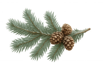 Fototapeta premium Pine branch with snow-dusted needles and three brown pine cones, festive winter nature on transparent background
