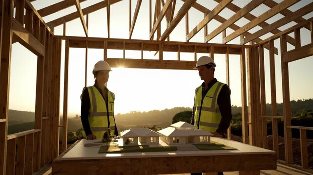Two construction professionals in hard hats and safety vests discuss a house model at a building site during sunset vector illustration