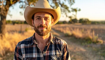 A bearded man wearing a cowboy hat and plaid flannel shirt stands confidently outdoors on a sunny Texas ranch.