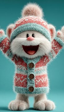 Adorable 3D cartoon cat in Christmas winter outfit and Santa hat posing cheerfully