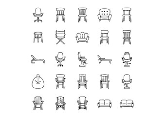 Seating Solutions: 25 Vector Chair Icons Set, Furniture & Comfort: Interior Design Outline Graphics, Modern Home: Thick Black & White Chair Icon Collection