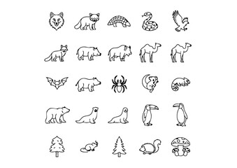 Global Fauna: 25 Vector Wildlife Icons Set, Wild Animals: Thick Black & White Nature Outline Graphics, Safari & Jungle: Ecosystem Vector Icon Collection