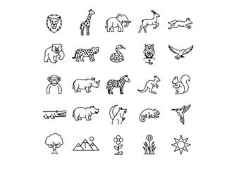Global Fauna: 25 Vector Wildlife Icons Set, Wild Animals: Thick Black & White Nature Outline Graphics, Safari & Jungle: Ecosystem Vector Icon Collection