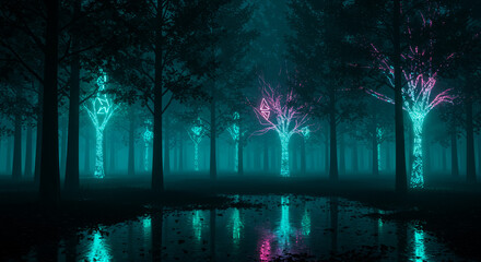 Enchanting neon trees illuminate mystical forest landscape, creating a vibrant and otherworldly atmosphere