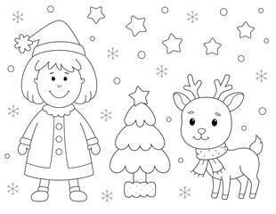 cute christmas coloring page of a girl, a reindeer and a christmas tree. You can print it on standard 8.5 x 11 inch paper.