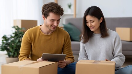 Couple seated in a living room, smiling as they unpack packages after moving or shopping online.