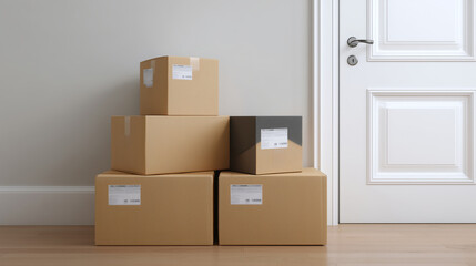 Delivery packages left at the doorstep or inside the home, ready for unboxing.