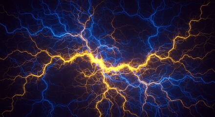 Yellow and Blue Lightning Streaks Against Dark Background