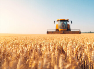 Obraz premium Golden wheat field bathed in warm sunset light as a large harvester moves through tall grain, capturing harvest season, rural labor, and quiet agricultural energy.