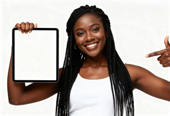 Young ebony woman presenting tablet mockup in taupe blazer