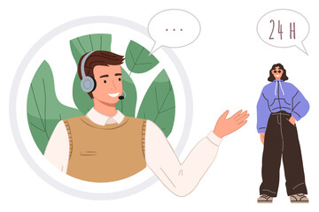 Customer support representative with headset engaging customer, client gesturing 247 service. Ideal for communication, service, assistance, interaction, technology, resolution, simple flat metaphor