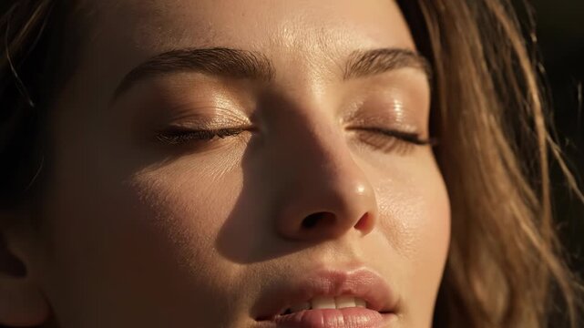 Closeup of a womans face with eyes closed, bathed in warm sunlight, highlighting her glowing skin and natural beauty vector illustration