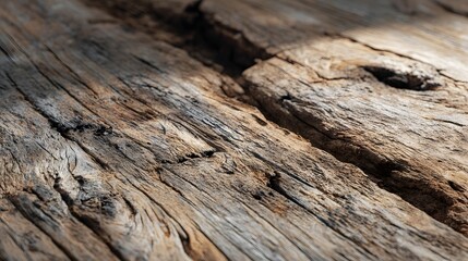 Obraz premium Weathered wooden surface shows natural grain and deep cracks with soft lighting.