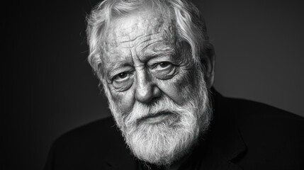 Elderly man, grayscale portrait; focused gaze, thick beard, furrowed brow, dramatic lighting