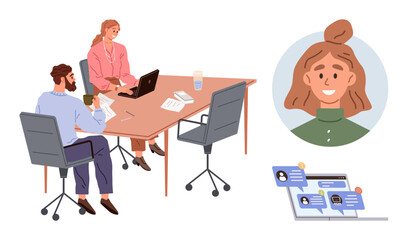 Colleagues collaborating at a desk with laptops and documents, featuring a virtual chat interface and a female profile. Ideal for teamwork, remote work, meeting, communication, networking, project