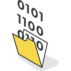 Digital Data Transfer Into Yellow Folder With Binary Code Falling From Top In Isometric View On Transparent Background