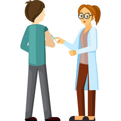 Doctor administers vaccine injection to patient in blue shirt grey pants and patient wears glasses white lab coat brown skirt and black shoes in white background