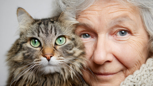 Elderly woman with gray hair gently cuddling her long-haired tabby cat with striking green eyes in a tender and heartwarming close-up portrait