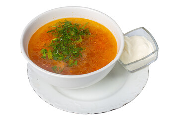 Hearty Vegetable Soup with Fresh Herbs and Sour Cream on White Plate isolated images