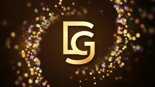 Luxurious golden initial emblem on a dark backdrop, framed by a magical swirl of shimmering gold dust and festive bokeh lights
