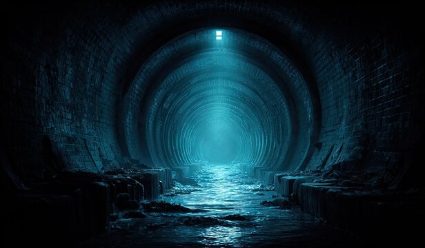 Inside a long, circular, subterranean tunnel, with a faint light at the end