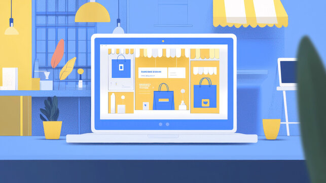 Flat lay of a laptop displaying an online store, with a shop setting around it - Powered by Adobe