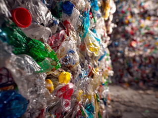 Fototapeta premium Huge piles of compressed colorful plastic bottles and containers stacked for recycling at a waste management facility showing environmental pollution and waste accumulati