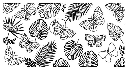 Flat minimal butterfly seamless pattern vector, tropical theme with simple leaves and flowers