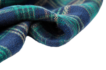 Folded plaid fabric; blue, green, cream pattern, textured and soft looking