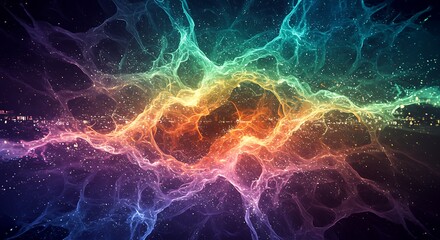 An abstract digital illustration of a colorful quantum particle field, representing cosmic energy and a vast interconnected network