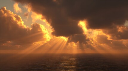 Obraz premium Golden sunbeams pierce through dramatic clouds over a calm ocean.