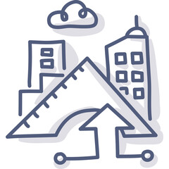 Doodle style icons representing business buildings a protractor and a cloud on a transparent background perfect for presentations and design projects
