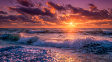 Vibrant sunset over the ocean waves with dramatic clouds reflecting warm orange and purple hues creating a serene and dynamic coastal atmosphere