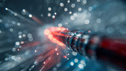 Artistic macro perspective of fiber optic cables glowing with red and blue light points creating futuristic digital data transmission visualization effect