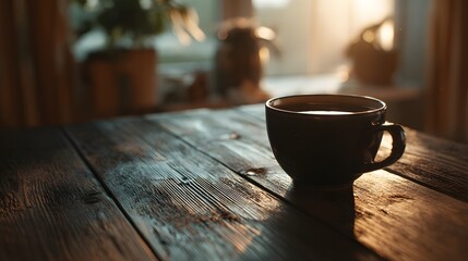 Fototapeta premium Dark mug filled with hot beverage sits on a rustic wooden table.