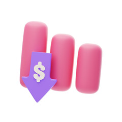 Three pink 3D bar graph columns showing a downward trend with a purple arrow and dollar sign indicating financial loss and negative growth on a transparent background