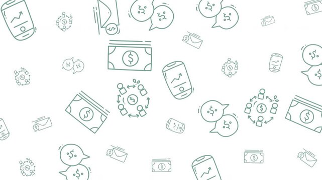 Pattern finance doodles with money and social media icons creating a seamless financial design suitable for financial blogs and websites.
