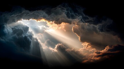 Beams of light pierce through dark, dramatic clouds in the sky.